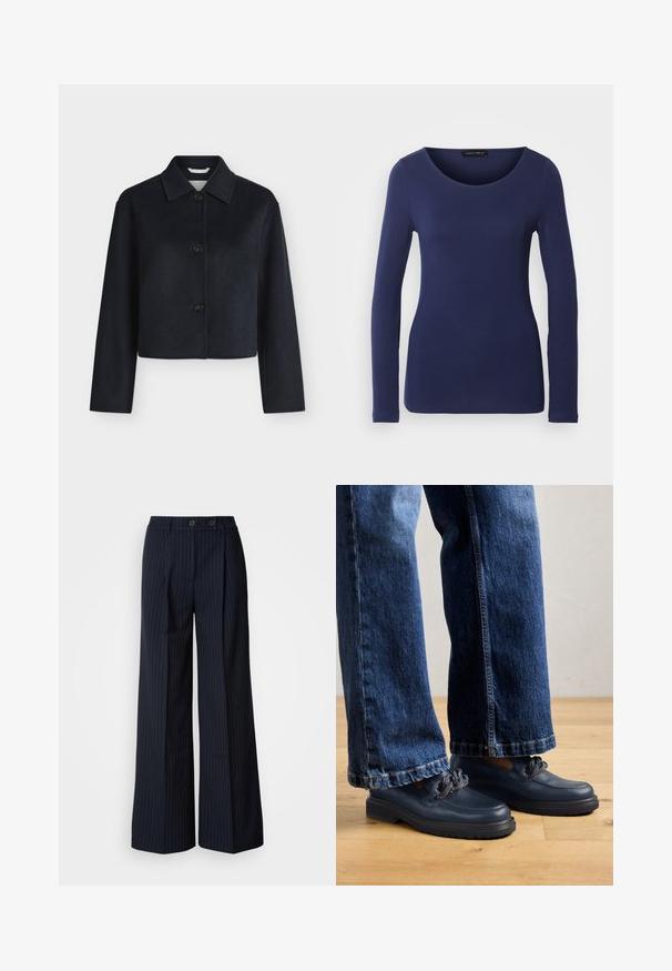 Zwarte cropped jas met lange mouwen, drie knopen aan de voorkant en een puntige kraag op een effen lichte achtergrond.; Marineblauw langemouwen T-shirt van zacht materiaal met een ronde halslijn en een getailleerd ontwerp. Geen zichtbare patronen of accenten.; Marineblauwe pinstriped wijde broek met twee voorknoopsluiting, op maat gemaakt ontwerp, vouw aan de voorkant en een soepele textuur.; Marineblauwe leren schoenen met een dikke zool en kettingdetails op de bovenkant, gecombineerd met loszittende donkerblauwe spijkerbroeken.