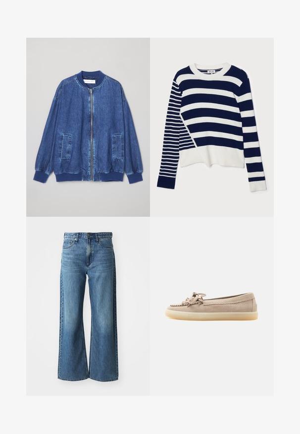Veste bomber en denim bleu foncé avec fermeture éclair sur le devant, poignets côtelés, deux poches latérales et une texture lisse avec des coutures contrastées.; Baum und Pferdgarten CENTA - Pullover - navy/creme; Jean en denim bleu à jambes larges avec une taille mi-haute, cinq poches et un léger dégradé. Caractéristiques : passants de ceinture et détails cousus.; Chaussure style mocassin en daim beige avec nœud de lacets sur le dessus et semelle en caoutchouc claire, affichée de profil sur fond blanc.
