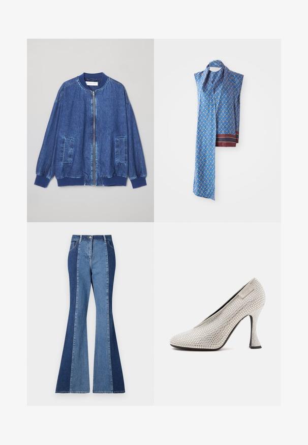 Donkerblauwe denim bomberjack met een ritssluiting aan de voorkant, geribbelde manchetten, twee zijzakken en een gladde textuur met contrasterende stiksels.; Zijden sjaal met een blauw diamantpatroon met gele accenten, een kastanjebruine rand en een glanzende textuur. Meet ongeveer 150 cm.; Uitlopende jeans met een tweekleurig ontwerp van donker en lichtblauw denim, een sluiting met een frontknop en klassieke zakstijl.; Lichtgrijze hoge hakken bedekt met kleine glanzende strasstenen met een gebogen hak en een rechthoekig label aan de zijkant.
