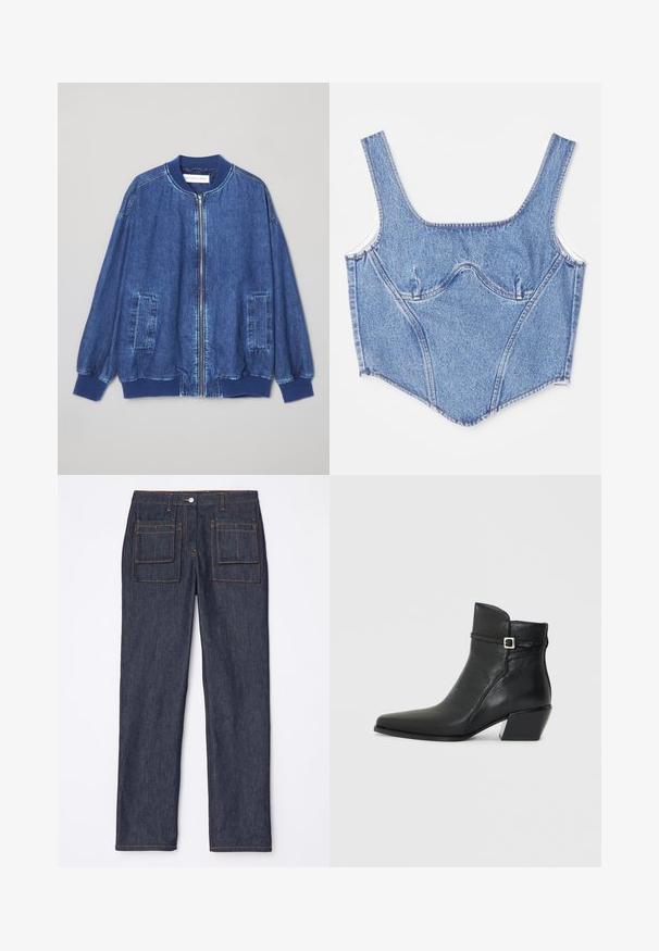 Veste bomber en denim bleu foncé avec fermeture éclair sur le devant, poignets côtelés, deux poches latérales et une texture lisse avec des coutures contrastées.; Top corset en denim avec de larges bretelles, des coutures structurées et une silhouette ajustée. Couleur bleu clair avec des dégradés subtils et des détails de couture contrastants.; Jean en denim bleu marine avec une coupe droite, dotés de deux poches arrière et de surpiqûres orange contrastantes.; Bottines en cuir noir avec un bout pointu, un petit talon carré et une sangle décorative avec une boucle en argent. Texture lisse.