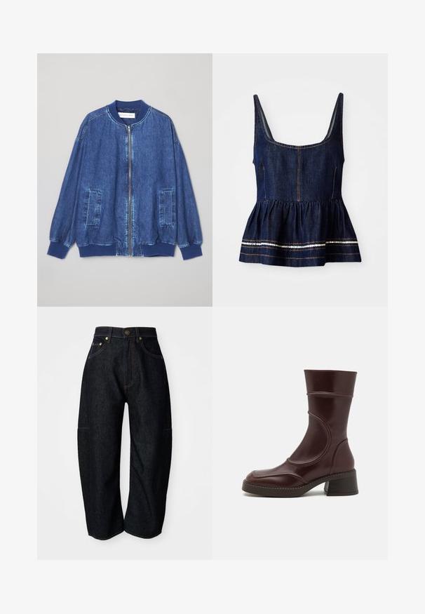 Donkerblauwe denim bomberjack met een ritssluiting aan de voorkant, geribbelde manchetten, twee zijzakken en een gladde textuur met contrasterende stiksels.; Denim peplum-top in donkerblauw met een vierkante halslijn. Kenmerkt een geplooide onderkant met witte accentstiksels en gouddraaddetails.; Donkerdenim jeans met een relaxte pasvorm, voorzien van subtiele oranje stiksels, voorzakken en een platte tailleband met een knoopsluiting.; MIISTA MALENE - Lage laarzen - brown