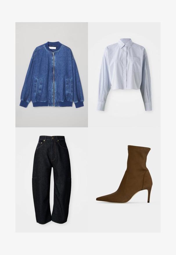 Donkerblauwe denim bomberjack met een ritssluiting aan de voorkant, geribbelde manchetten, twee zijzakken en een gladde textuur met contrasterende stiksels.; Kort shirt in blauw-witte verticale strepen, met een puntige kraag, lange mouwen en een voorzak. Gladde katoen textuur.; Donkerdenim jeans met een relaxte pasvorm, voorzien van subtiele oranje stiksels, voorzakken en een platte tailleband met een knoopsluiting.; Bruine enkellaars met een spitse neus, een slanke middenhoge hak en een glad stoffen bovenwerk.