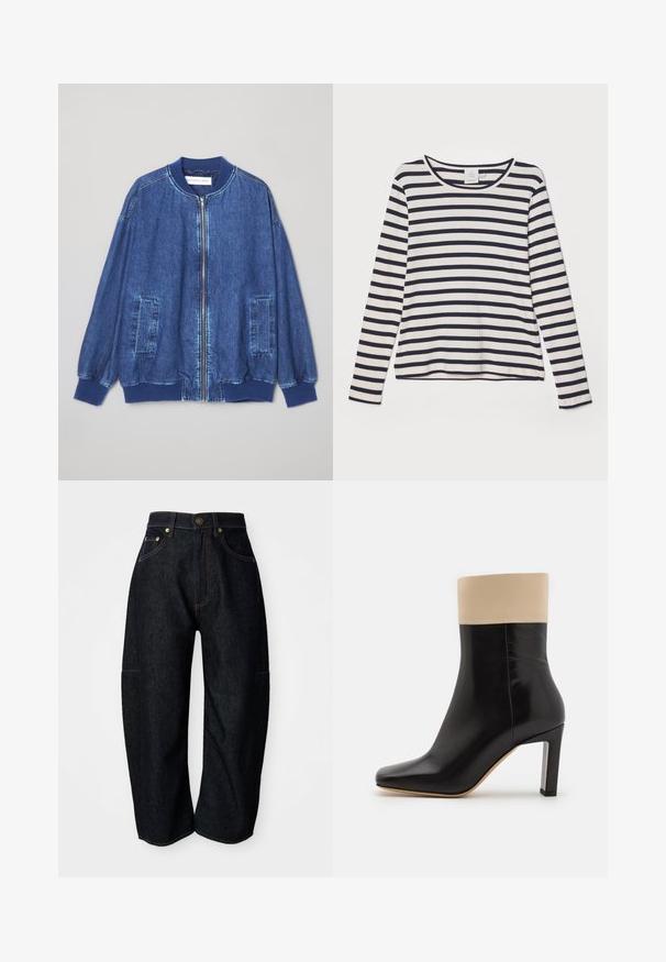 Veste bomber en denim bleu foncé avec fermeture éclair sur le devant, poignets côtelés, deux poches latérales et une texture lisse avec des coutures contrastées.; Chemise à manches longues en crème avec des rayures horizontales marines, dotée d'un col rond, d'une texture côtelée et d'une coupe décontractée.; Jean en denim foncé à coupe décontractée, avec des coutures orange discrètes, des poches avant et une taille plate avec une fermeture à bouton.; Botte chelsea noire en cuir avec un accent crème en haut, bout pointu et un talon haut avec des accents argentés. Texture lisse sans motifs visibles.