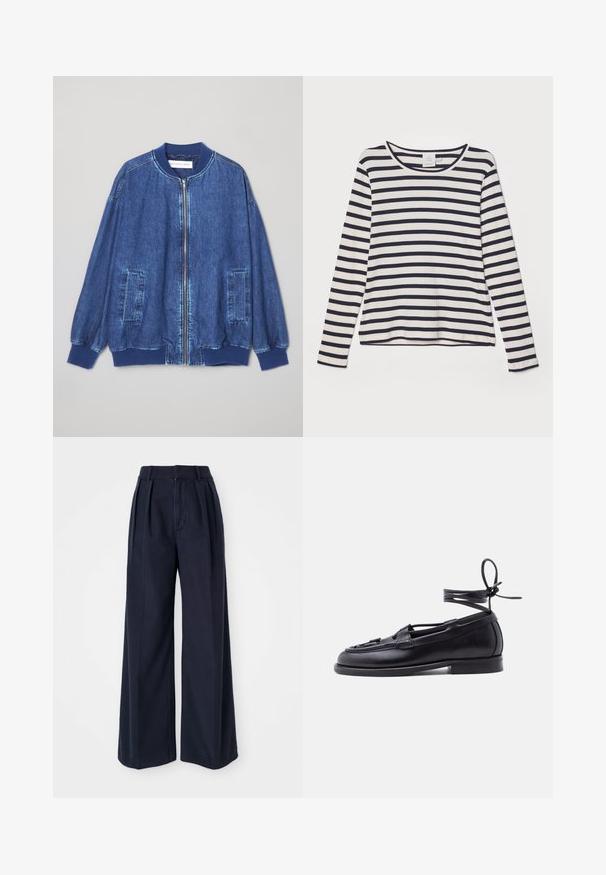 Veste bomber en denim bleu foncé avec fermeture éclair sur le devant, poignets côtelés, deux poches latérales et une texture lisse avec des coutures contrastées.; Chemise à manches longues en crème avec des rayures horizontales marines, dotée d'un col rond, d'une texture côtelée et d'une coupe décontractée.; Un pantalon large bleu marine en coton, avec des plis à l'avant, une taille haute et une fermeture éclair avec un bouton.; Mocassin en cuir noir avec semelle plate et lacet autour de la cheville noué en un nœud, présenté sur un fond clair uni.