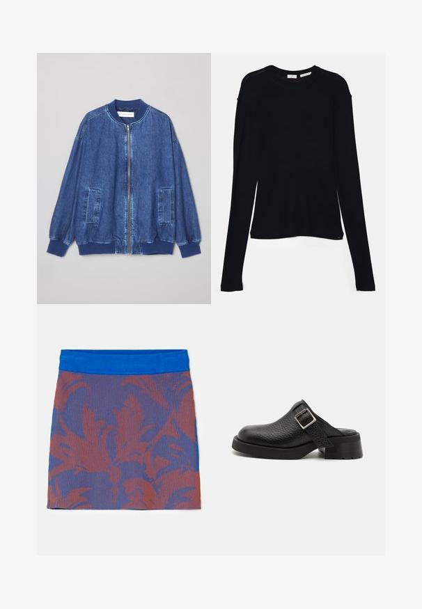 Denim bomber jacket in dark blue featuring a front zip, ribbed cuffs, two side pockets, and a smooth texture with contrast stitching.; Black long-sleeve top made of soft fabric, featuring a round neckline and a relaxed fit with side slits at the hem for ease of movement.; Ribbed skirt with a blue waistband, featuring a floral pattern in orange and dark blue tones on a textured background.; Black leather clogs with a textured finish, adjustable buckle strap, and a chunky heel. Smooth, rounded toe design with a solid black sole.