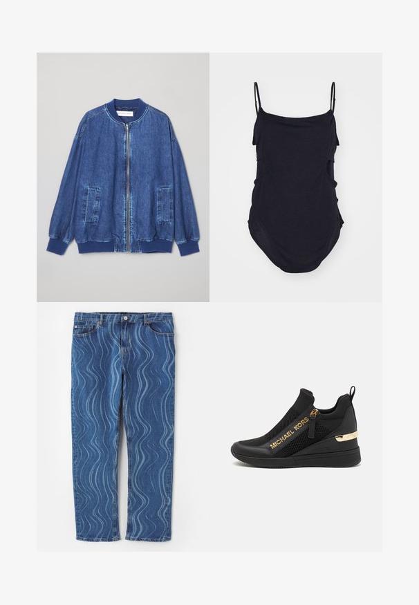 Donkerblauwe denim bomberjack met een ritssluiting aan de voorkant, geribbelde manchetten, twee zijzakken en een gladde textuur met contrasterende stiksels.; Zwarte mouwloze top met dunne bandjes, gemaakt van zachte stof. Heeft gedrapeerde zijkanten en een ronde zoom voor een ontspannen pasvorm.; Blauwe denim jeans met een golvend lichtblauw patroon, rechte pijpen, knoopsluiting en gestikte details op de zakken.; Zwarte sportieve sneaker met meshpanelen, gouden logodetails, slip-on ontwerp en een wiggenhak voor extra hoogte. Rubberen zool.