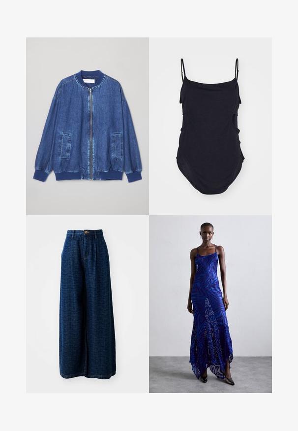 Donkerblauwe denim bomberjack met een ritssluiting aan de voorkant, geribbelde manchetten, twee zijzakken en een gladde textuur met contrasterende stiksels.; Zwarte mouwloze top met dunne bandjes, gemaakt van zachte stof. Heeft gedrapeerde zijkanten en een ronde zoom voor een ontspannen pasvorm.; Blauwe denim broek met wijde pijpen en een textuurpatroon. Heeft een hoge taille, knoopsluiting en een losse, vloeiende pasvorm.; Blauwe en paarse dierenprint maxi jurk met dunne bandjes, een getailleerd bovenlijf, uitlopende zoom en een doorschijnende overlaydetail.