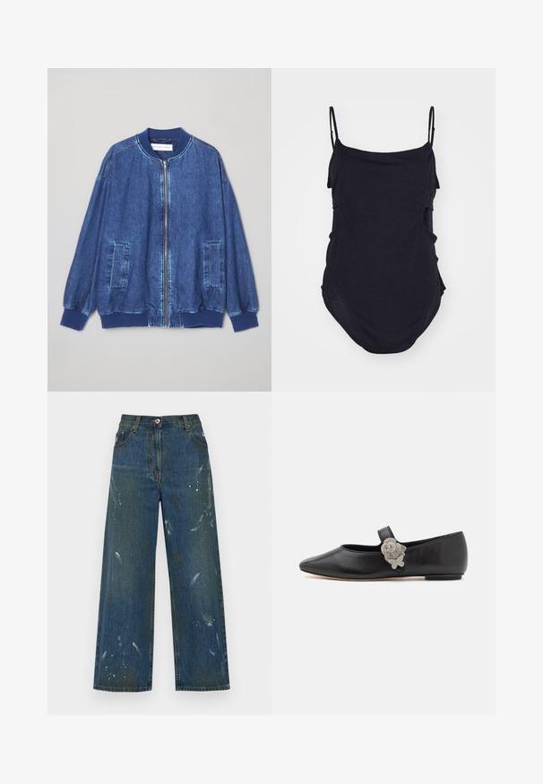 Veste bomber en denim bleu foncé avec fermeture éclair sur le devant, poignets côtelés, deux poches latérales et une texture lisse avec des coutures contrastées.; Haut sans manches noir avec des bretelles fines, fabriqué en tissu doux. Présente des côtés drapés et un ourlet arrondi pour un ajustement décontracté.; Jeans à jambe large en denim bleu foncé, avec des détails de éclaboussures de peinture. Design classique à cinq poches avec une fermeture à bouton à la taille.; Sophia Webster TITANIA - Babies - black/crystal