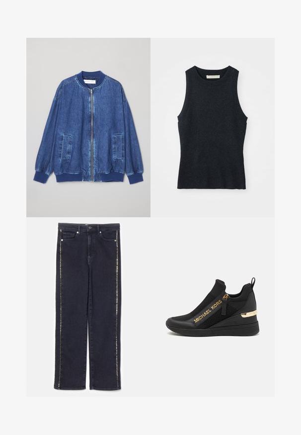 Donkerblauwe denim bomberjack met een ritssluiting aan de voorkant, geribbelde manchetten, twee zijzakken en een gladde textuur met contrasterende stiksels.; Mouwloze donkergrijze gebreide tanktop met ronde hals, plat gelegd op een witte achtergrond.; Donkerdenim jeans met een rechte pijpdesign en een rij metalen studs langs de zijnaden, wat een onderscheidende accent geeft.; Zwarte sportieve sneaker met meshpanelen, gouden logodetails, slip-on ontwerp en een wiggenhak voor extra hoogte. Rubberen zool.