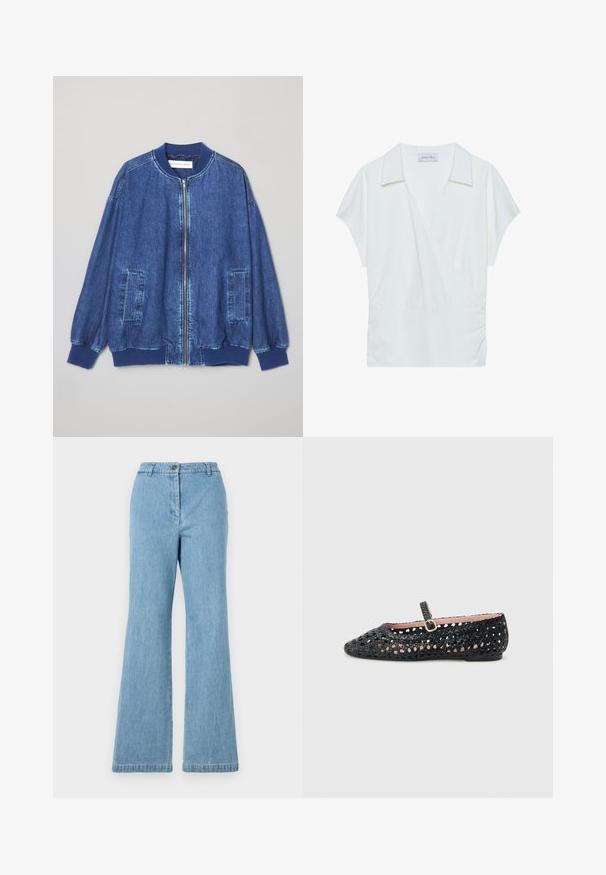 Tumesinine denim bomber-jakk, millel on eesne lukku, ribatud varrukad, kaks küljetaskut ja sile tekstuur kontrastsete õmblustega.; Valge kaelusega ümber lillede pluus, mis on valmistatud siledast kangast, lühikeste varrukatega ja suurepäraselt kogutud vöökoht, tagades mugava lõike.; Heledad sinine teksapüksid kitseneva säärega, kõrge vöökoht, nööp closing ja kontrastne õmblus. Sile tekstuur, mugav kujundus.; Mustast punutud lame Mary Jane tüüp king ühe reguleeritava rihma ja väikese kuldse pandlaga, ümarte kannikestega ja heleroosa sisemusega.