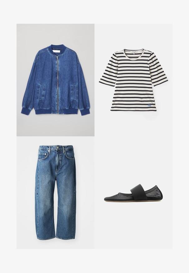 Veste bomber en denim bleu foncé avec fermeture éclair sur le devant, poignets côtelés, deux poches latérales et une texture lisse avec des coutures contrastées.; T-shirt rayé en crème et bleu marine, présentant des manches courtes, une texture côtelée, un col rond et un petit logo bleu près de l'ourlet.; Jeans en denim bleu avec une coupe décontractée à jambes larges, dotés de poches avant, d'une fermeture à bouton et à glissière, et d'un léger délavage au niveau des genoux.; Chaussure plate en mesh noir avec bout arrondi et large bride élastique sur le cou-de-pied, vue de profil sur fond uni.