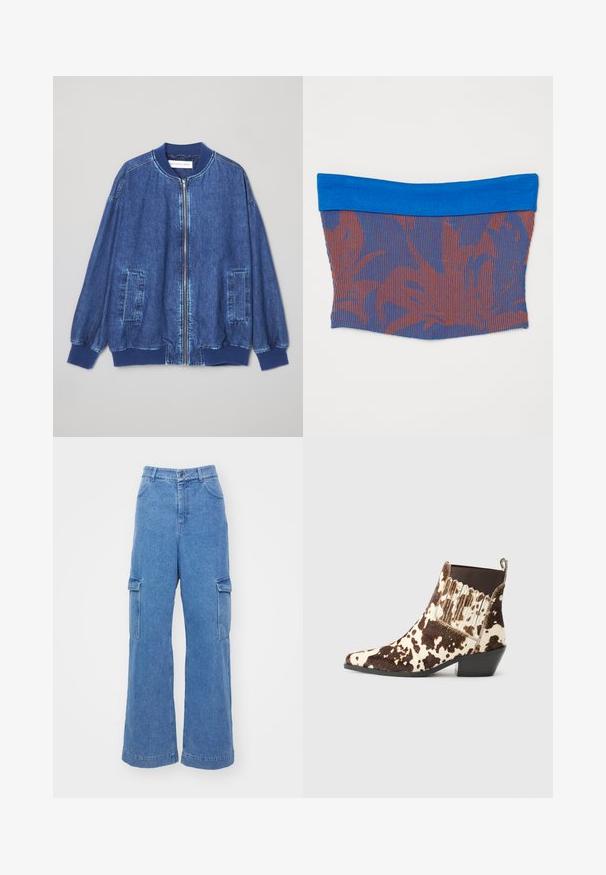 Dunkelblaue Jeans-Bomberjacke mit einem Front-Reißverschluss, gerippten Bündchen, zwei seitlichen Taschen und einer glatten Textur mit kontrastierenden Nähten.; Elastisches Röhrenoberteil mit einem blauen, einfarbigen Band oben. Der Hauptkörper zeigt ein strukturiertes Muster aus roten und blauen vertikalen Streifen.; Hellblaue Denim-Cargohosen mit weitem Bein, ausgestattet mit zwei Seitentaschen und einem Knopfverschluss an der Taille.; Cowboy-Stiefel aus braunem und cremefarbenem Fell, mit spitzem Schuhkopf, niedrigem Absatz und gerippten Akzenten an den Seiten.