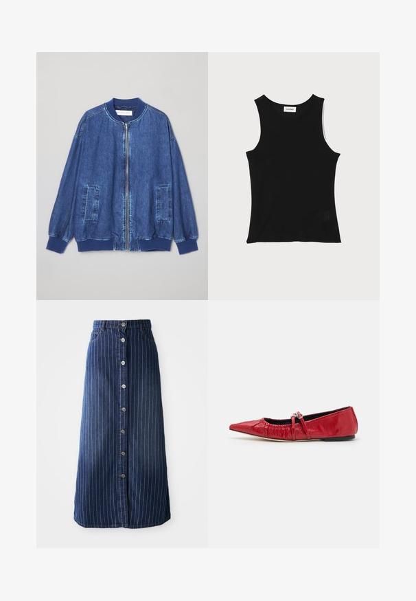 Denim bomberjakke i mørkeblå med frontlynlås, ribbede manchetter, to sidelommer og en glat tekstur med kontraststing.; Sort ribbet tanktop med rund halsudskæring og brede skulderstropper, med en subtil struktureret finish og en lille mesh-detalje ved kanten.; Mørk denim maxi nederdel med lodrette hvide striber, knaplukning foran og en let udvidelse i kanten. Har fem knapper og kontrastsyning.; Røde læder balletflade med spids tå, dekorativ spænde rem og samlet tekstur langs kanten. Flad sål, minimalistisk design.