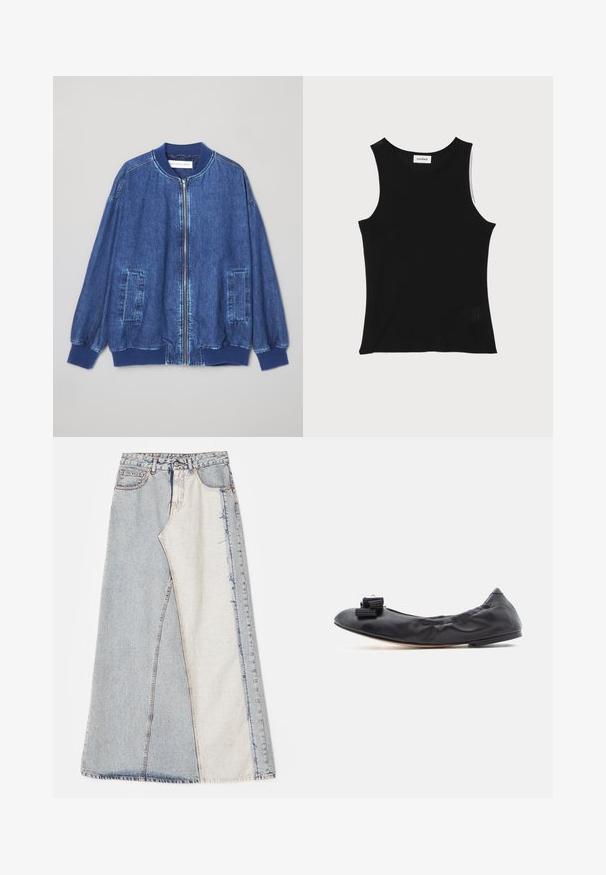 Chaqueta bomber de mezclilla en azul oscuro con cremallera frontal, puños acanalados, dos bolsillos laterales y una textura suave con costuras en contraste.; Top de tirantes negro acanalado con escote redondo y tirantes anchos, que presenta un acabado texturizado sutil y un pequeño detalle de malla en el dobladillo.; Falda de mezclilla con un diseño de patchwork que presenta secciones en azul claro y medio, dobladillos deshilachados y cintura alta. Estilo clásico de cinco bolsillos.; Bailarina plana de cuero negro con empeine fruncido, puntera redonda y un lazo decorativo con volantes en la puntera. Suela plana.
