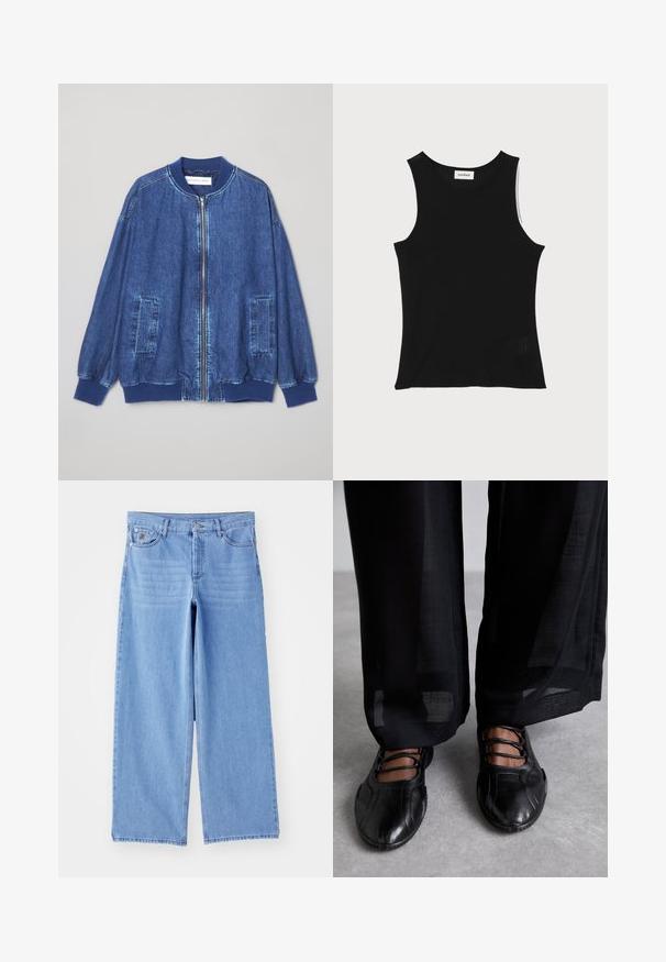 Dunkelblaue Jeans-Bomberjacke mit einem Front-Reißverschluss, gerippten Bündchen, zwei seitlichen Taschen und einer glatten Textur mit kontrastierenden Nähten.; Schwarzes, geripptes Tanktop mit rundem Ausschnitt und breiten Trägern, das eine subtile Texturierung und ein kleines Netzdetail am Saum aufweist.; Hellblaue weit geschnittene Jeans aus Denim, mit einem klassischen Fünf-Taschen-Design und einem Knopfverschluss. Glatte Textur, ausgefranster Saum.; MIISTA AVERIE - Riemchenballerina - black