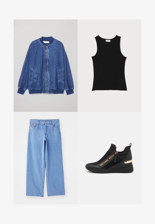 Denim bomberjakke i mørkeblå med frontlynlås, ribbede manchetter, to sidelommer og en glat tekstur med kontraststing.; Sort ribbet tanktop med rund halsudskæring og brede skulderstropper, med en subtil struktureret finish og en lille mesh-detalje ved kanten.; Lys blå brede ben jeans lavet af denim, med et klassisk fem-lomme design og en knaplukning. Glat tekstur, slidte kanter.; Sorte atletiske sneakers med mesh-paneler, gulllogo-detaljer, slip-on design og en kilehæl for ekstra højde. Gummisål.