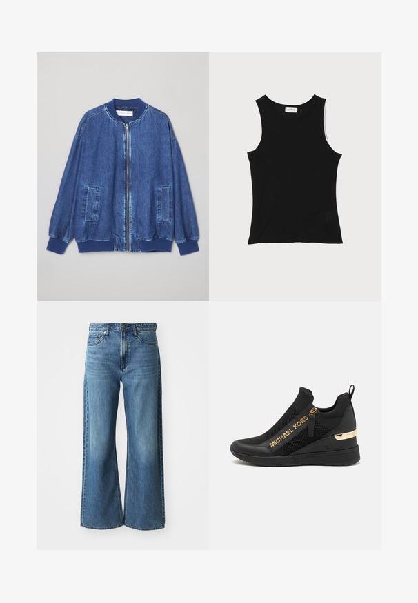 Donkerblauwe denim bomberjack met een ritssluiting aan de voorkant, geribbelde manchetten, twee zijzakken en een gladde textuur met contrasterende stiksels.; Zwarte geribbelde tanktop met een ronde halslijn en brede schouderbanden, met een subtiele textuurafwerking en een klein gaasdetail aan de zoom.; Wijdvallende blauwe spijkerbroek van denim met een middelhoge tailleband, vijf zakken en subtiele vervaging. Kenmerken zijn onder andere riemlussen en gestikte details.; Zwarte sportieve sneaker met meshpanelen, gouden logodetails, slip-on ontwerp en een wiggenhak voor extra hoogte. Rubberen zool.