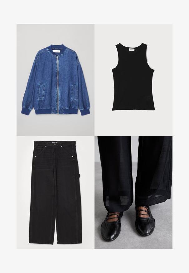 Dunkelblaue Jeans-Bomberjacke mit einem Front-Reißverschluss, gerippten Bündchen, zwei seitlichen Taschen und einer glatten Textur mit kontrastierenden Nähten.; Schwarzes, geripptes Tanktop mit rundem Ausschnitt und breiten Trägern, das eine subtile Texturierung und ein kleines Netzdetail am Saum aufweist.; RE/DONE PAINTER JEAN - Jeans Relaxed Fit - crafted black; MIISTA AVERIE - Riemchenballerina - black