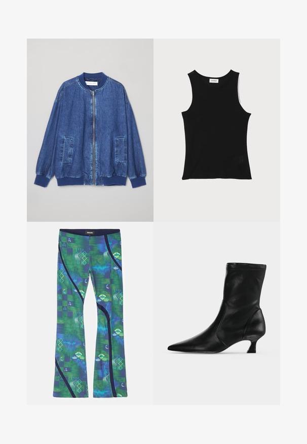 Veste bomber en denim bleu foncé avec fermeture éclair sur le devant, poignets côtelés, deux poches latérales et une texture lisse avec des coutures contrastées.; Débardeur noir à côtes avec un encolure ronde et de larges bretelles, présentant une finition texturée subtile et un petit détail en mesh au bas.; Leggings en tissu extensible multicolore avec des motifs verts et bleus, des formes géométriques et des accents bleu foncé sur les côtés.; Botte mi-mollet en cuir noir avec bout pointu et petit talon kitten, vue de profil sur un fond clair uni.