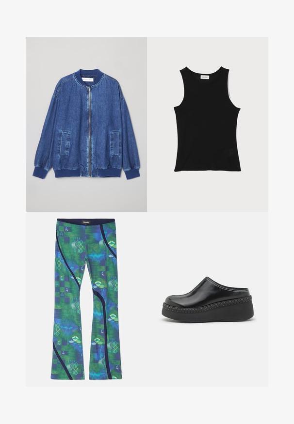 Veste bomber en denim bleu foncé avec fermeture éclair sur le devant, poignets côtelés, deux poches latérales et une texture lisse avec des coutures contrastées.; Débardeur noir à côtes avec un encolure ronde et de larges bretelles, présentant une finition texturée subtile et un petit détail en mesh au bas.; Leggings en tissu extensible multicolore avec des motifs verts et bleus, des formes géométriques et des accents bleu foncé sur les côtés.; Sabots à plateforme noirs brillants avec un orteil arrondi, un dessus arrondi et des coutures blanches contrastantes le long du bord de la semelle.