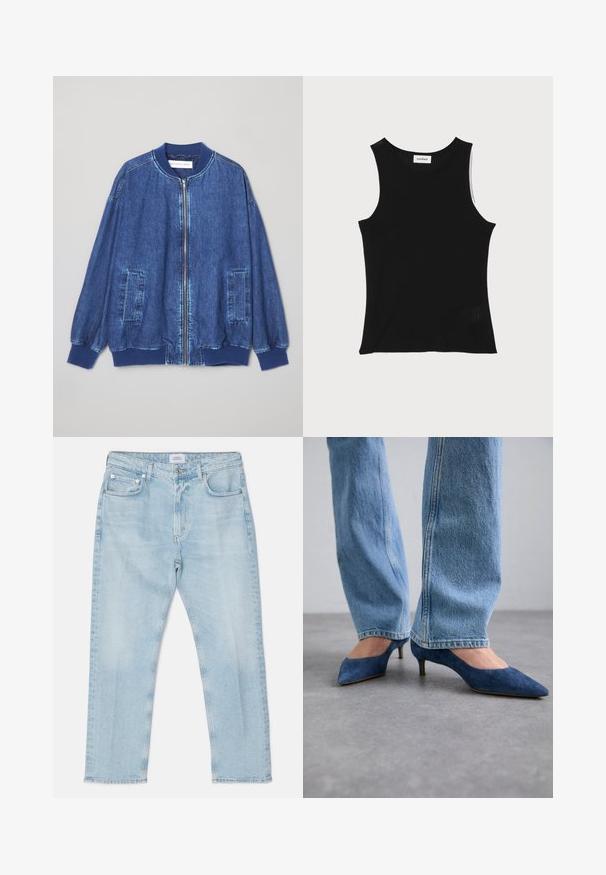 Tumesinine denim bomber-jakk, millel on eesne lukku, ribatud varrukad, kaks küljetaskut ja sile tekstuur kontrastsete õmblustega.; Must räbitud sõrmik top ümmarguse kaeluse ja laiapoolsete õlgadega, millel on pehme tekstuur ja väike võrkdetail helmel.; Heled sinine denimist teksad sirge lõikega, viie taskuga, nööbiga kinnitamine ja kerge kulumine. Õmbluste äärtes on tikitud detailid.; Sinised sametist kitten-kandjalised kingad terava ninaga ja madala kontsaga, kätkedes helesiniseid sirge säärega teksapükse.