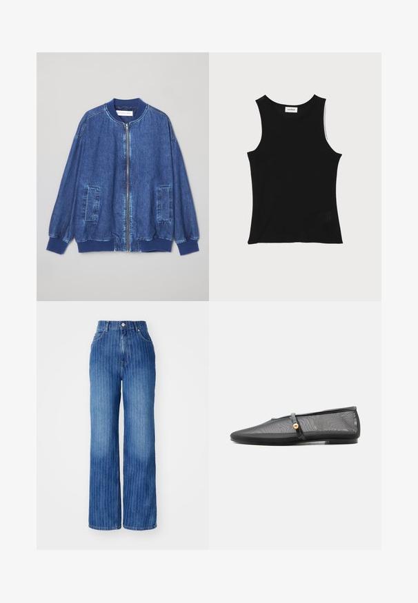 Denim bomberjakke i mørkeblå med frontlynlås, ribbede manchetter, to sidelommer og en glat tekstur med kontraststing.; Sort ribbet tanktop med rund halsudskæring og brede skulderstropper, med en subtil struktureret finish og en lille mesh-detalje ved kanten.; Blå denim brede bukser med lodrette hvide striber, høj talje og fem-lomme design, med knap- og lynlåslukning.; Sort flad sko med lav hæl, mesh-overdel og tynd rem med guldknapdetalje over fodens vrist.