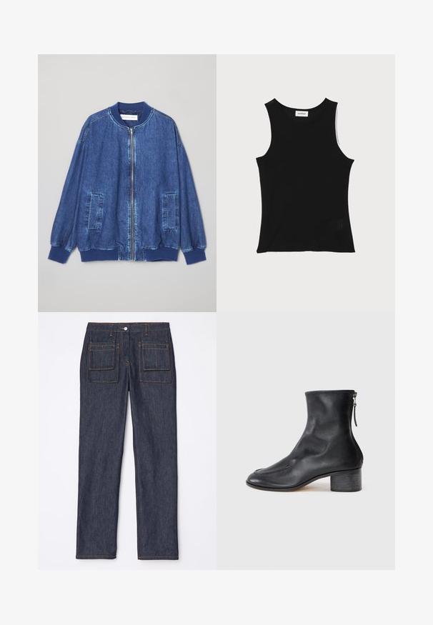 Veste bomber en denim bleu foncé avec fermeture éclair sur le devant, poignets côtelés, deux poches latérales et une texture lisse avec des coutures contrastées.; Débardeur noir à côtes avec un encolure ronde et de larges bretelles, présentant une finition texturée subtile et un petit détail en mesh au bas.; Jean en denim bleu marine avec une coupe droite, dotés de deux poches arrière et de surpiqûres orange contrastantes.; Bottine en cuir noir avec un bout arrondi, dotée d'un talon bloc et d'une fermeture éclair à l'arrière. Texture lisse avec des coutures subtiles.