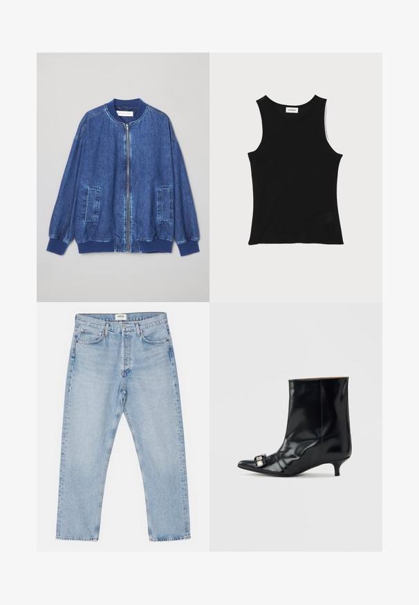Donkerblauwe denim bomberjack met een ritssluiting aan de voorkant, geribbelde manchetten, twee zijzakken en een gladde textuur met contrasterende stiksels.; Zwarte geribbelde tanktop met een ronde halslijn en brede schouderbanden, met een subtiele textuurafwerking en een klein gaasdetail aan de zoom.; Lichtblauwe denim jeans met een klassieke rechte pasvorm, vijf zakken en een knoopsluiting, met subtiele vervaging en een stevige textuur.; Zwarte leren enkellaars met een spits toelopende neus, lage kittenhak en een decoratieve zilveren gesp aan de zijkant bij de neus.