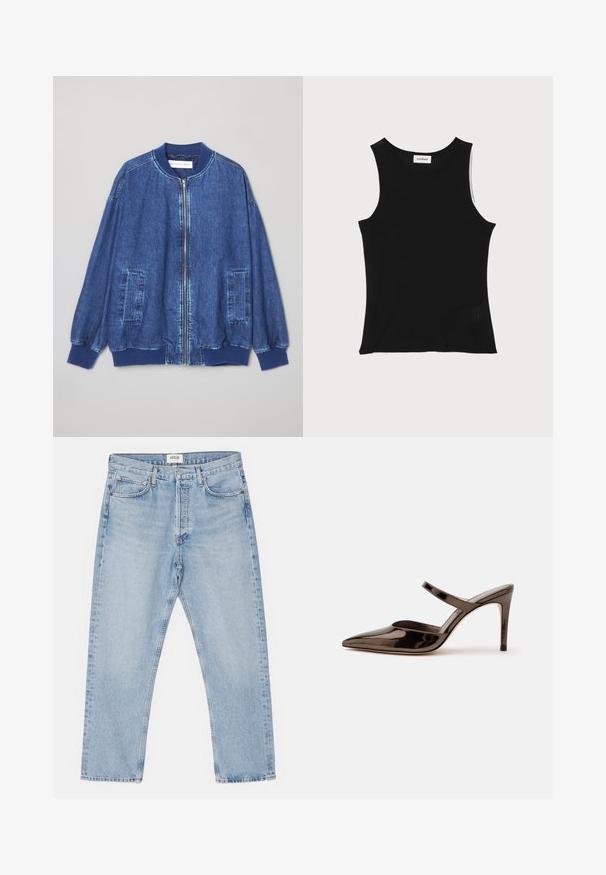 Dunkelblaue Jeans-Bomberjacke mit einem Front-Reißverschluss, gerippten Bündchen, zwei seitlichen Taschen und einer glatten Textur mit kontrastierenden Nähten.; Schwarzes, geripptes Tanktop mit rundem Ausschnitt und breiten Trägern, das eine subtile Texturierung und ein kleines Netzdetail am Saum aufweist.; Helles blaues Denim mit klassischem geradem Schnitt, fünf Taschen und Knopfverschluss, mit subtilen Verfärbungen und robuster Textur.; Glänzender dunkelbrauner Mule mit spitzer Spitze und hohem Absatz mit schmalem Riemen über dem Spann vor weißem, einfachem Hintergrund.