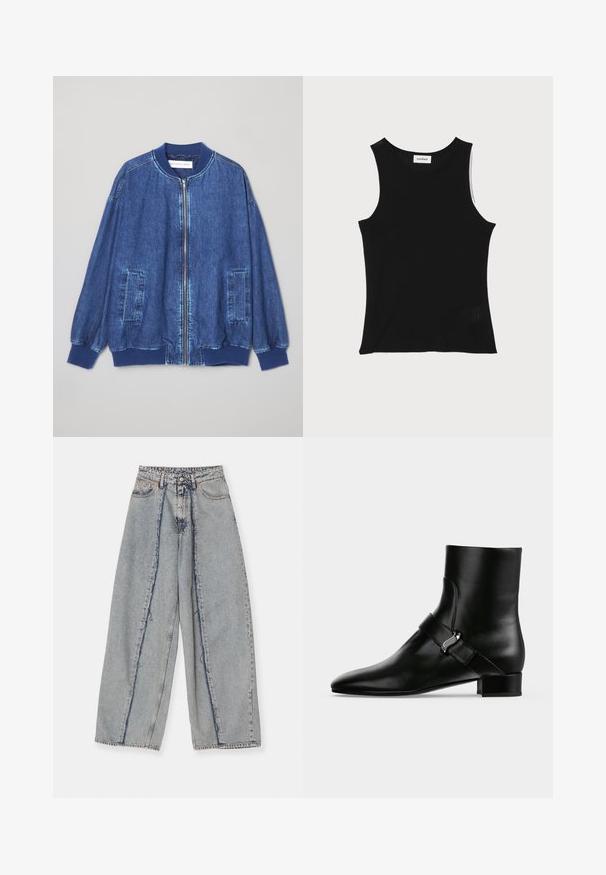 Denim bomberjakke i mørkeblå med frontlynlås, ribbede manchetter, to sidelommer og en glat tekstur med kontraststing.; Sort ribbet tanktop med rund halsudskæring og brede skulderstropper, med en subtil struktureret finish og en lille mesh-detalje ved kanten.; Lyseblå vide jeans med rå kanter, høj talje og kontrast sømme. Lavet af denim, der fremviser en afslappet pasform og minimal slid.; Sort læderankelstøvle med lav hæl og sidelæderrem med sølvspænde, vist mod en ensartet lysegrå baggrund.