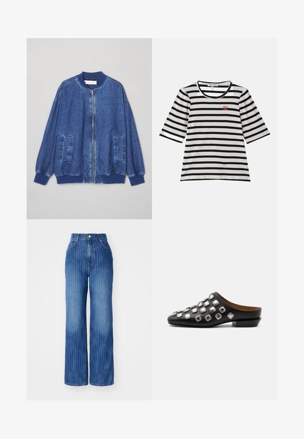 Donkerblauwe denim bomberjack met een ritssluiting aan de voorkant, geribbelde manchetten, twee zijzakken en een gladde textuur met contrasterende stiksels.; Gestreept T-shirt met korte mouwen, met zwart-witte ribbelstructuur, ronde halslijn en klein rood logo op de linkerborst.; Blauwe denim wijde broek met verticale witte strepen, hoge taille en vijf-pocket ontwerp, voorzien van een knoop- en ritsluiting.; Zwarte leren slip-on mule met lage hak, versierd met vierkante zilveren studs die gelijkmatig over het bovenwerk zijn verdeeld.