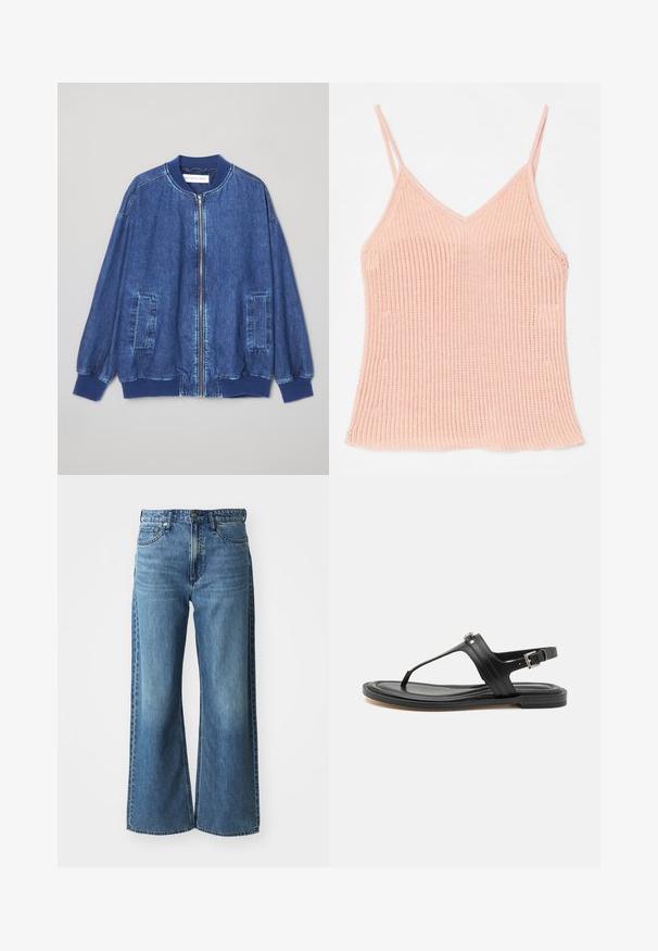 Veste bomber en denim bleu foncé avec fermeture éclair sur le devant, poignets côtelés, deux poches latérales et une texture lisse avec des coutures contrastées.; Camisole en tricot de couleur pêche, avec des bretelles réglables fines, un décolleté en V, une texture côtelée et un ourlet droit.; Jean en denim bleu à jambes larges avec une taille mi-haute, cinq poches et un léger dégradé. Caractéristiques : passants de ceinture et détails cousus.; Sandale noire en cuir avec lanière de cheville sécurisée, présentant une surface lisse, une semelle plate et un détail de boucle argentée.