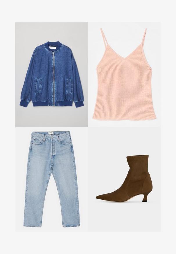 Donkerblauwe denim bomberjack met een ritssluiting aan de voorkant, geribbelde manchetten, twee zijzakken en een gladde textuur met contrasterende stiksels.; Perzikkleurige gebreide camisole, met dunne verstelbare bandjes, een V-hals ontwerp, geribbelde textuur en een rechte zoom.; Lichtblauwe denim jeans met een klassieke rechte pasvorm, vijf zakken en een knoopsluiting, met subtiele vervaging en een stevige textuur.; Bruine enkellaars met spits toelopende neus en lage kittenhak, gemaakt van glad materiaal, getoond tegen een effen achtergrond.