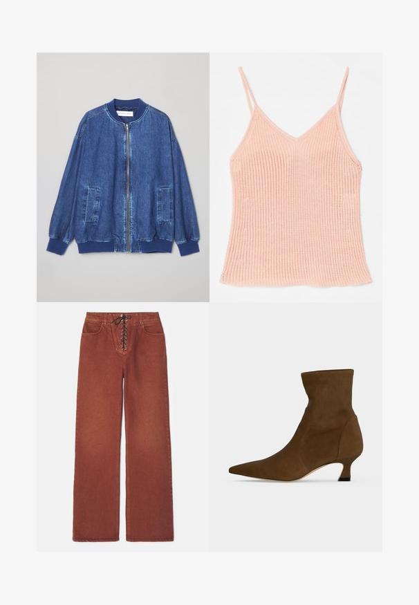 Donkerblauwe denim bomberjack met een ritssluiting aan de voorkant, geribbelde manchetten, twee zijzakken en een gladde textuur met contrasterende stiksels.; Perzikkleurige gebreide camisole, met dunne verstelbare bandjes, een V-hals ontwerp, geribbelde textuur en een rechte zoom.; Roodbruine wijde broek met vetersluiting aan de voorkant, gemaakt van denim. Kenmerkt zich door twee voorzakken en een gladde textuur.; Bruine enkellaars met spits toelopende neus en lage kittenhak, gemaakt van glad materiaal, getoond tegen een effen achtergrond.