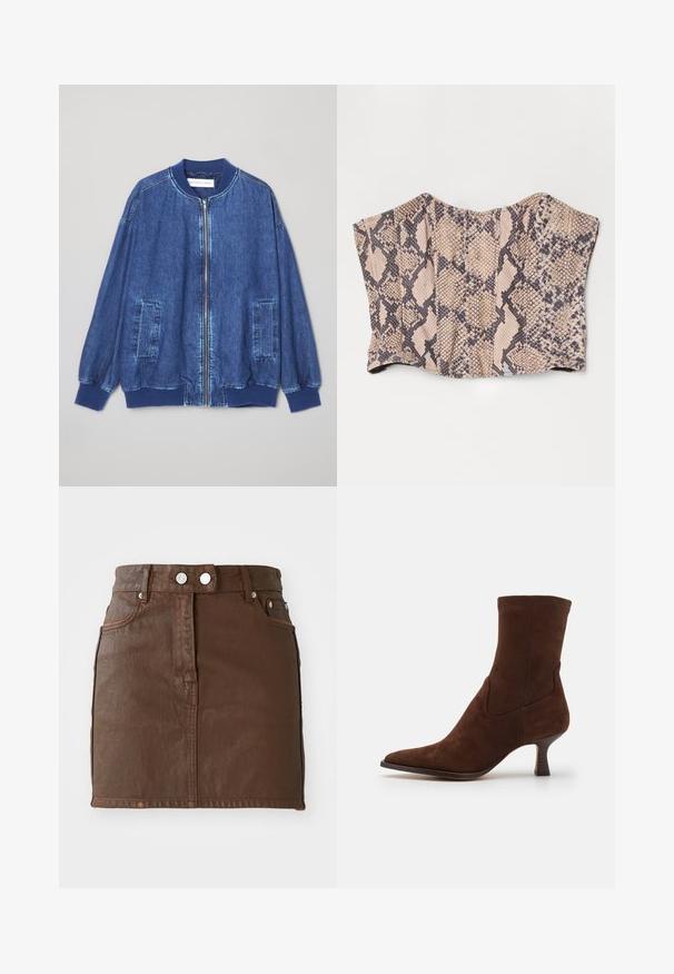 Donkerblauwe denim bomberjack met een ritssluiting aan de voorkant, geribbelde manchetten, twee zijzakken en een gladde textuur met contrasterende stiksels.; Corset top van nep-slangenleer, met een beige en zwart patroon, gestructureerd ontwerp en gladde textuur.; Bruine denim miniskirt met een hoge taille, twee voorkantas, zilveren knoopaccenten en een gladde textuur.; Dolce Vita ARYA - Lage laarzen - dark brown