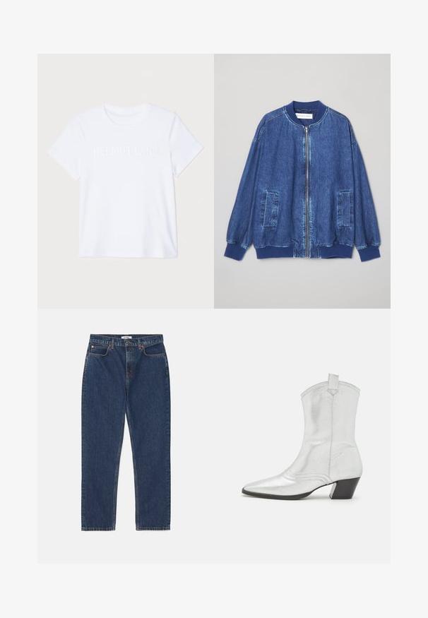 Veste bomber en denim bleu foncé avec fermeture éclair sur le devant, poignets côtelés, deux poches latérales et une texture lisse avec des coutures contrastées.; T-shirt en coton blanc à manches courtes, avec le logo en relief subtil "HELMUT LANG" sur la poitrine. Encolure ronde, texture lisse.; RE/DONE LOOSE LONG - Jean droit - dark blue denim; Castañer DIMBA - Bottines de cowboy / motard - plata