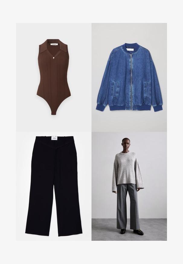 Veste bomber en denim bleu foncé avec fermeture éclair sur le devant, poignets côtelés, deux poches latérales et une texture lisse avec des coutures contrastées.; Body marron sans manches à côtes avec col polo et un bouton doré au niveau du col en V, créé par Sandro, présenté sur un fond clair.; Pantalons larges noirs en tissu lisse. Dotés d'une taille plate avec passants de ceinture et d'une finition soignée aux ourlets.; Pull en maille gris avec des manches larges et un ourlet côtelé, assorti à un pantalon gris taille haute avec un motif à carreaux discret et des mocassins noirs.