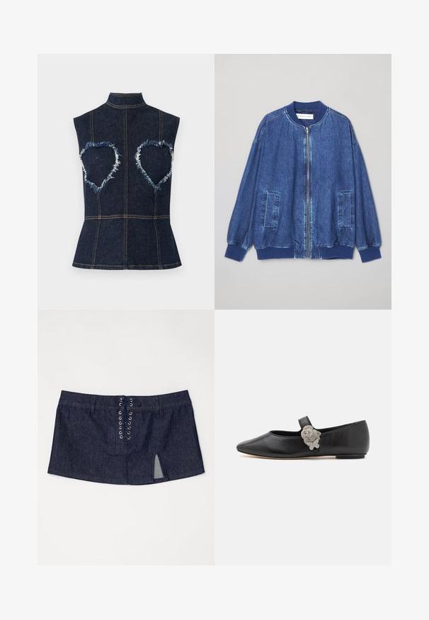 Veste bomber en denim bleu foncé avec fermeture éclair sur le devant, poignets côtelés, deux poches latérales et une texture lisse avec des coutures contrastées.; Haut en denim bleu foncé sans manches avec un col montant et des découpes en forme de cœur entourées de tissu effiloché au niveau de la poitrine.; Jupe en denim bleu foncé avec un design à lacets sur le devant, deux poches latérales et une fente sur le côté. Texture lisse et forme ajustée.; Sophia Webster TITANIA - Babies - black/crystal