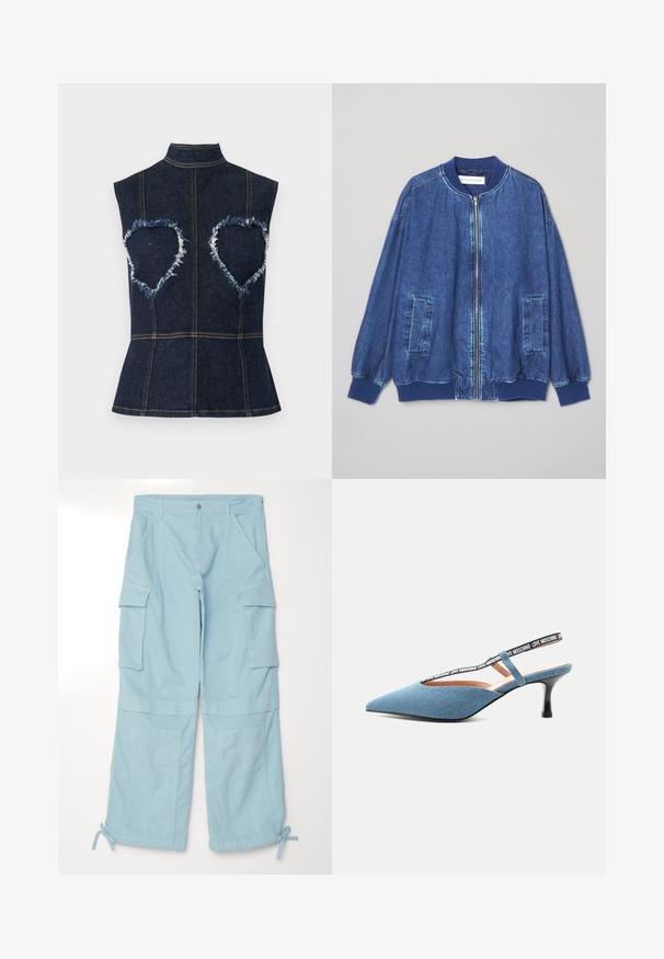 Veste bomber en denim bleu foncé avec fermeture éclair sur le devant, poignets côtelés, deux poches latérales et une texture lisse avec des coutures contrastées.; Haut en denim bleu foncé sans manches avec un col montant et des découpes en forme de cœur entourées de tissu effiloché au niveau de la poitrine.; Pantalons cargo bleu clair avec une coupe décontractée. Comprend des poches latérales surdimensionnées, des poignets ajustables et une fermeture à bouton à la taille.; Escarpin slingback bleu à bout pointu et talon kitten avec bride noire comportant le texte blanc « Love Moschino » sur fond clair.