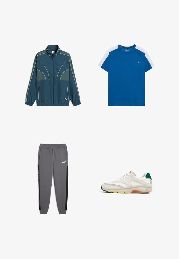 Veste de sport zippée bleue et verte avec des détails de passepoil clair, poignets et ourlet élastiques, poches avant, et un petit logo Puma en bas devant.; T-shirt en coton bleu avec des manches raglan blanches, col rond et un petit logo sur la poitrine gauche. Texture lisse, design décontracté.; Pantalons de survêtement gris en tissu doux, avec des bandes latérales noires, une taille élastique et le logo Puma en blanc à l'avant.; Baskets en suède et mesh blanches avec un bout arrondi, accents gris, panneau arrière vert et semelle en caoutchouc jaune. Présente des lacets blancs et un logo.