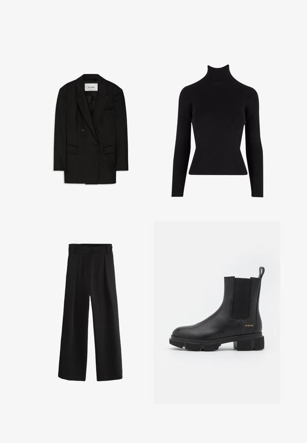 Schwarzer zweireihiger Blazer aus glattem Stoff, mit Reverskragen, zwei vorderen Taschen und einer Brusttasche in einem eleganten Design.; Schwarzer gerippter Rollkragenpullover mit langen Ärmeln, figurbetonter Silhouette, strukturiertem Stoff und hohem Kragen.; Schwarze Hose mit weitem Bein, elastischem Bund und Gürtelschlaufen, mit glatter Vorderseite und lockerer Passform.; Schwarze Leder-Ankle-Boots mit elastischen Seitenpaneelen und einer robusten, profilierten Sohle. Mit einer Zuglasche und goldenen Markendetails. Matte Oberfläche.