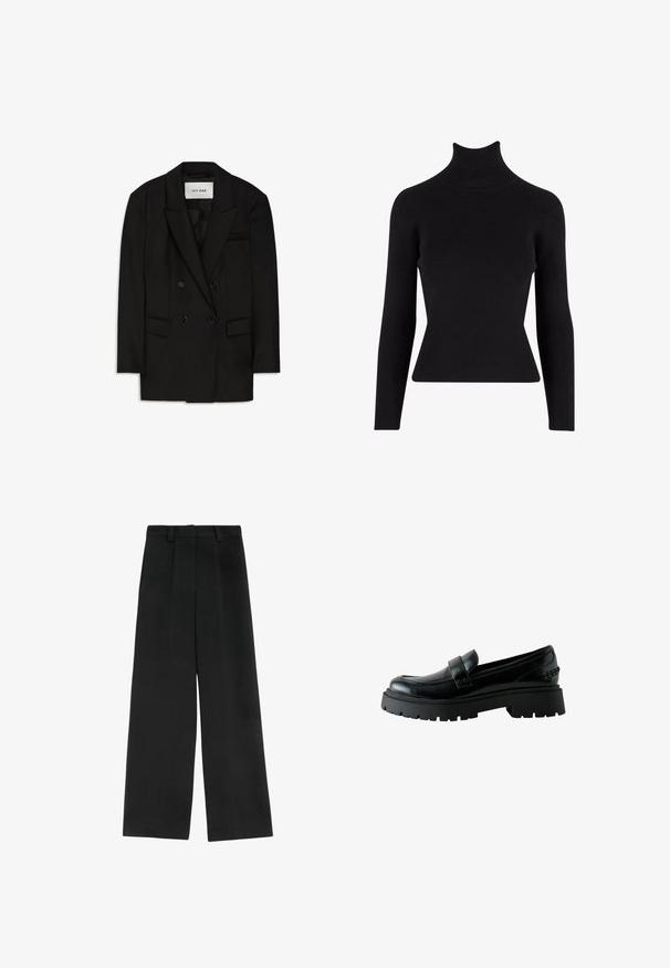 Sort dobbeltbrystet blazer lavet af glat stof, med slagkrave, to forlommer og en brystlomme med et elegant design.; Sort ribbet turtleneck sweater med lange ærmer, tætsiddende silhuet, tekstureret stof og høj hals.; Sorte brede bukser med høj talje, der har to frontfald, bæltestropper og en glat tekstur. Ingen lommer eller synligt metal.; Sort lædermokassin med tyk kraftig sål, rundet tå og remdetalje tværs over toppen, vist fra siden på hvid baggrund.