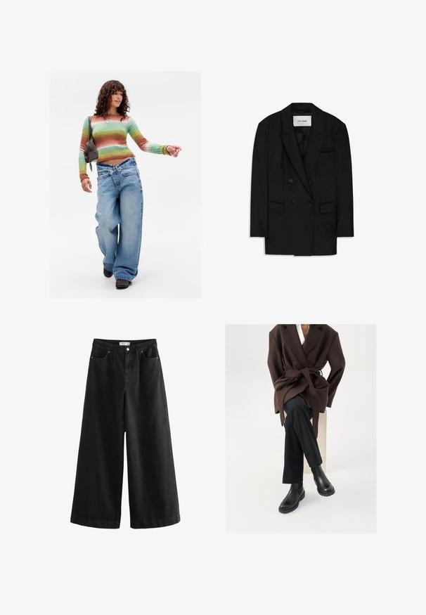 Sort dobbeltbrystet blazer lavet af glat stof, med slagkrave, to forlommer og en brystlomme med et elegant design.; Kvinde går selvsikkert iført en flerfarvet stribet sweater, brede bukser med krydsede taljer, brune sko og bærer en brun skuldertaske.; Sorte vide benklæder lavet af denim, med høj talje, fem lommer og en ren finish. Stoffet har en glat overflade med minimale accenter.; Brun uldblandingsfrakke med bælte, båret over en hvid skjorte og sorte bukser, parret med sorte chelsea støvler, sat mod en hvid baggrund.