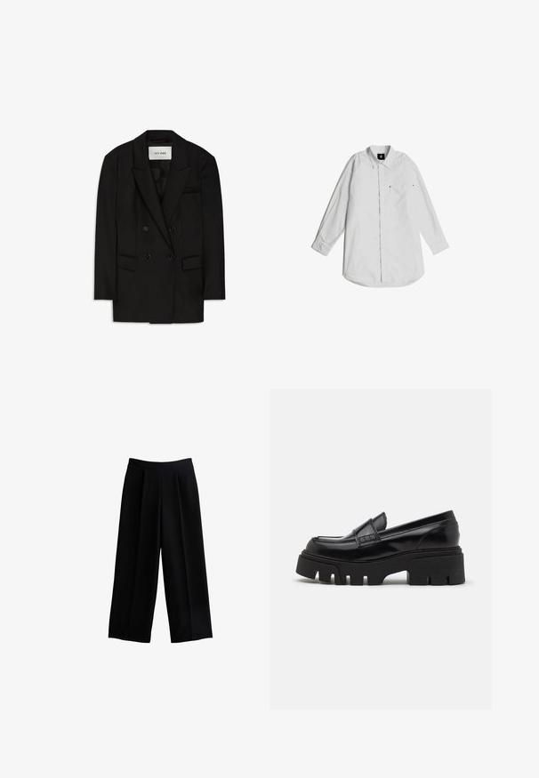 Blazer noir à double boutonnage en tissu lisse, doté d'un col cranté, de deux poches avant et d'une poche poitrine au design élégant.; Chemise blanche à manches longues en coton léger. Dotée d'un col boutonné, d'une poche avant et de détails de couture subtils.; Pantalons larges noirs avec un design plissé, fabriqués en tissu lisse. Dotés d'une taille haute et d'une silhouette décontractée.; Mocassins en cuir noir avec une semelle plateforme épaisse et texturée, et une sangle décorative sur le dessus. Fini lisse et brillant.