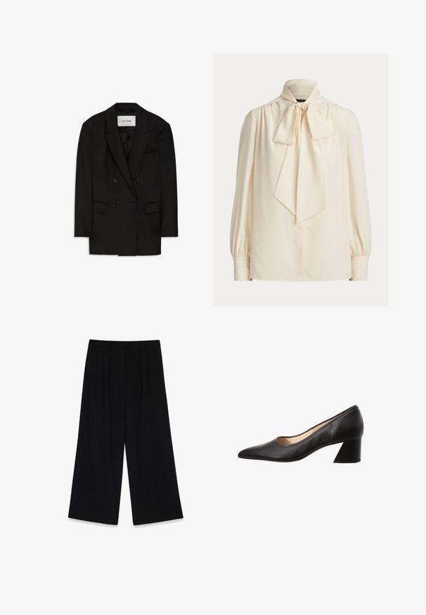 Sort dobbeltbrystet blazer lavet af glat stof, med slagkrave, to forlommer og en brystlomme med et elegant design.; Langærmet cremefarvet bluse med høj krave og en stor bundet sløjfe ved halsen, med rynkede skuldre og manchetærmer.; Sorte vide bukser lavet af glat stof, der har læg foran, en mellemhøj talje og ingen synlige lukninger eller pynt.; Sort læder damesko med spids tå og lav blokhæl, beige indvendig foring, vist fra siden på hvid baggrund.