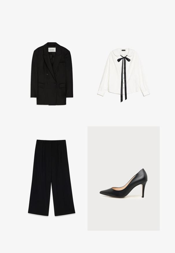 Zwarte double-breasted blazer van glanzende stof, met een gesneden kraag, twee voorkruiken en een borstzak met een strakke uitstraling.; Witte blouse met lange mouwen en een Peter Pan-kraag, zwarte satijnen strik om de nek, en parelknopen aan de voorkant.; Zwarte wijde broek van gladde stof, met plooien aan de voorkant, een middelhoge taille en geen zichtbare sluitingen of versieringen.; Zwarte pumps met een puntige neus, een glad oppervlak en een smalle hak op een neutrale achtergrond.