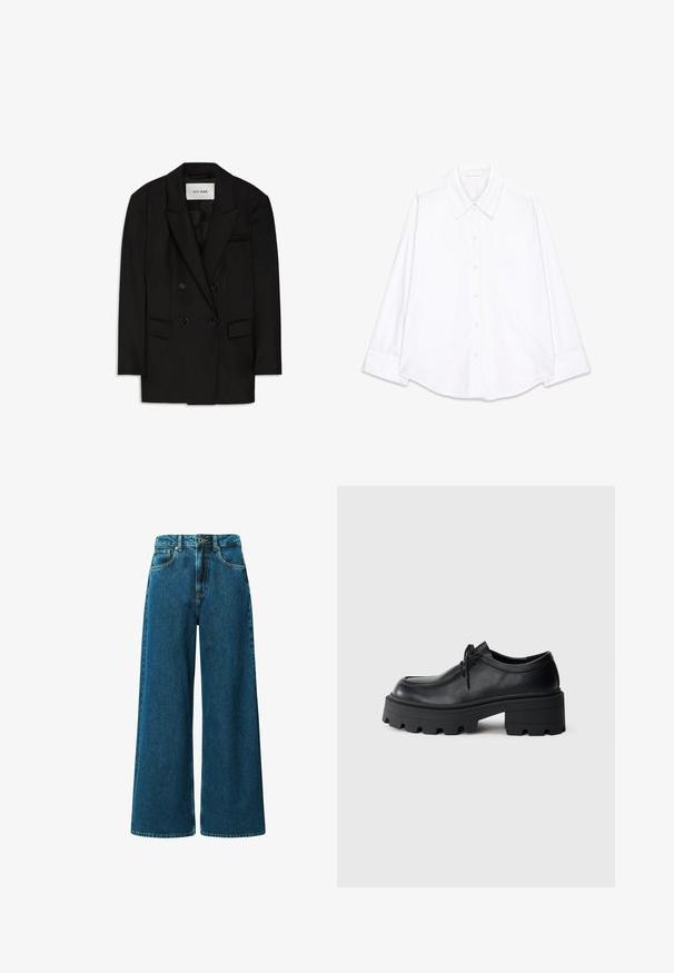 Blazer negro de doble botonadura hecho de una tela suave, con cuello de muesca, dos bolsillos frontales y un bolsillo en el pecho con un diseño elegante.; Camisa blanca de botones con un cuello clásico, mangas largas y un dobladillo curvado. Fabricada en una tela suave con un diseño limpio y minimalista.; Jeans de pierna ancha de talle alto, hechos de denim azul oscuro. Presentan cinco bolsillos, pasadores para cinturón y costuras visibles a lo largo de las costuras.; Zapato negro de cuero con cordones, con una suela de goma negra gruesa y texturizada y punta redondeada. Presenta detalles de costura sutiles.