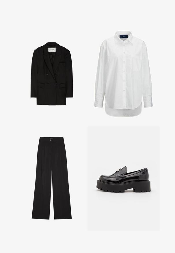 Čierny dvojradový blazer z hladkého materiálu, s vystúpeným golierom, dvoma prednými vreckami a vreckom na hrudi s elegantným dizajnom.; Biele dlhé rukávy košele z hladkej bavlny s golierom na gombíky, prednou vreckom a zakriveným lemom. Obsahuje zadný diel pre zvýšenú štruktúru.; Čierne nohavice s širokými nohavicami vyrobené z jemnej látky, s vysokým pásom, prednými záhybmi a zapínaním na jeden gombík. Hladká textúra a elegantný strih.; Madden Girl CALISTA - Našuchovačky - black