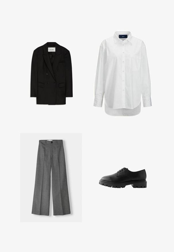 Sort dobbeltbrystet blazer lavet af glat stof, med slagkrave, to forlommer og en brystlomme med et elegant design.; Hvid langærmet skjorte i glat bomuld med knapkrave, frontlomme og buet nederkant. Har en rygskulder for ekstra struktur.; Grå brede bukser med stribe-mønster, udstyret med knaplukning og to forlommer. Lavet af tekstureret stof.; Sorte lædersko med rund tå, seks snørrehuller, flade snørebånd og en kraftig gummisål med dybe mønstre.