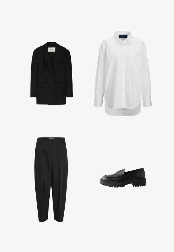 Blazer negro de doble botonadura hecho de una tela suave, con cuello de muesca, dos bolsillos frontales y un bolsillo en el pecho con un diseño elegante.; Camisa blanca de manga larga en algodón suave con cuello abotonado, bolsillo frontal y dobladillo curvado. Cuenta con un canesú en la parte posterior para mayor estructura.; Pantalones negros con una tela suave, con cintura alta, pliegue central y perneras ajustadas. Sin bolsillos visibles ni adornos.; Mocasín de cuero negro con puntera redondeada, detalle de costura elevada y suela de goma gruesa con surcos profundos para mayor tracción.